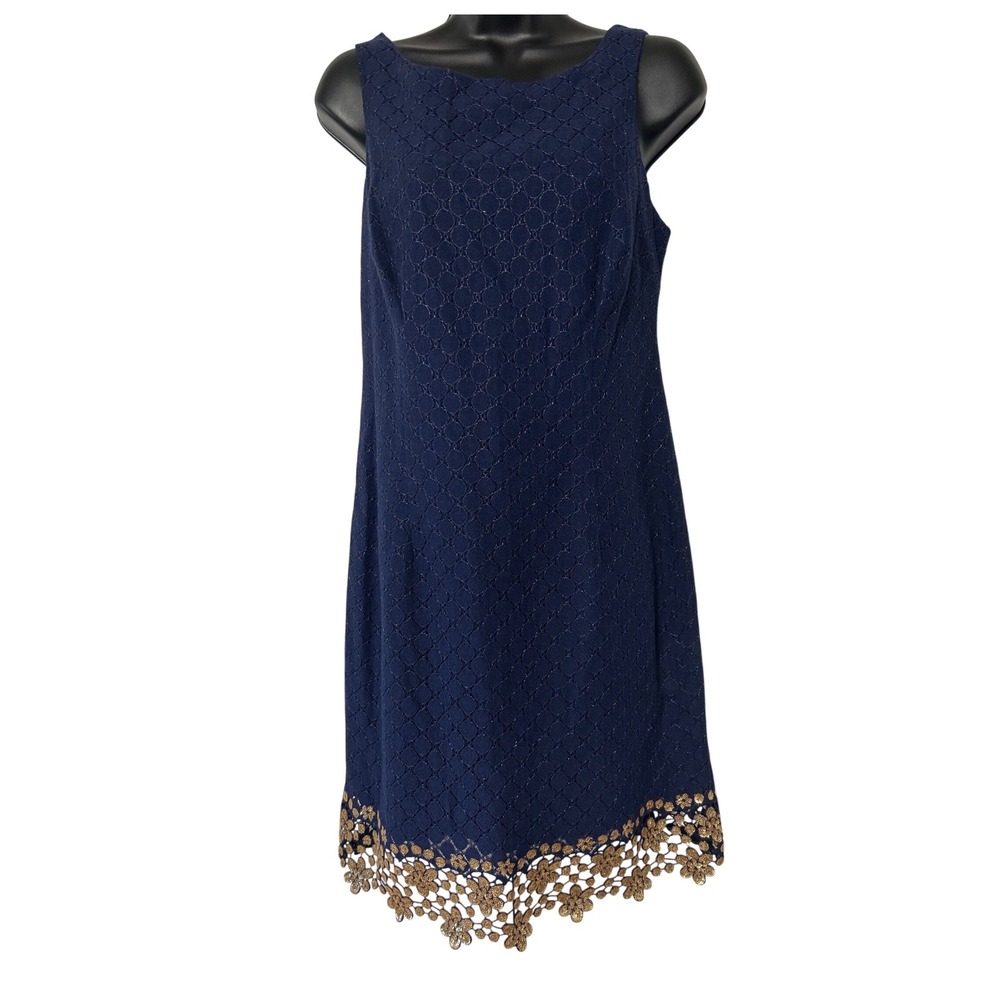 Lilly Pulitzer Blue Gold Metallic Eyelet Lace‎ Shift Dress Women's 6 Sleeveless